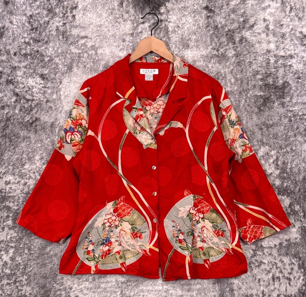 Citron Santa Monica Top Large Womens 100% Silk Red Print Blouse Shirt